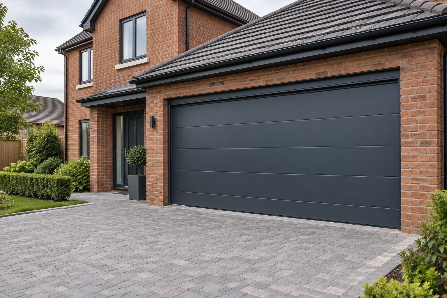 Charcoal sectional garage door on a brick home